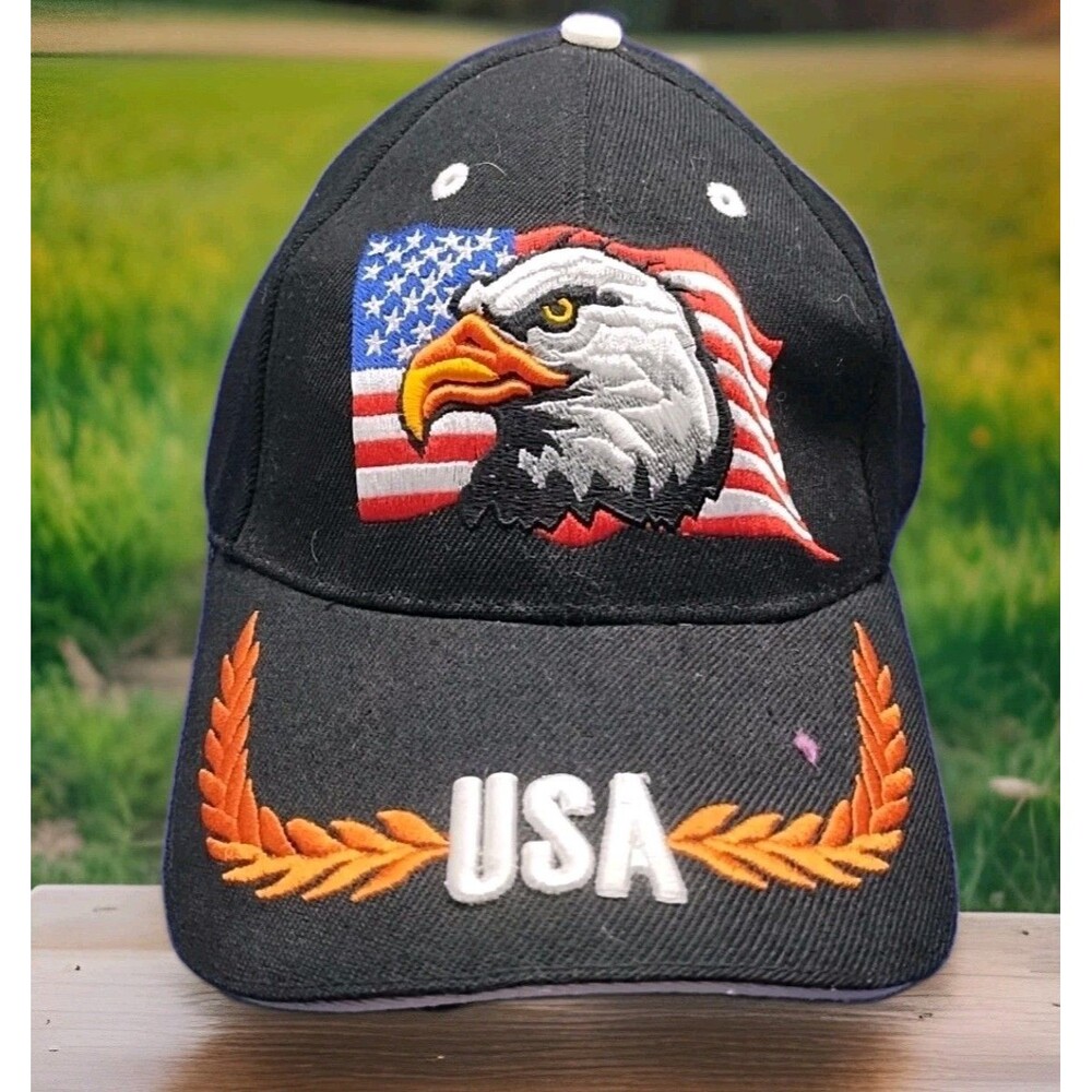 USA Eagle Bill Black Cap With flag And Laurels Embroidered In Gold Sale 💲